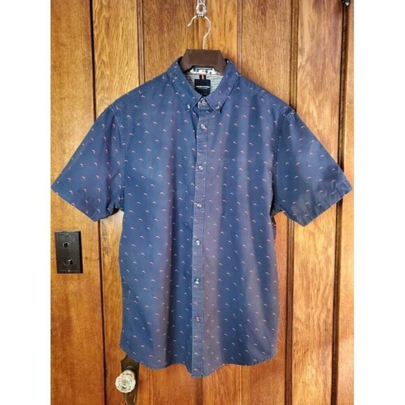Denim & Flower Ricky Singh Slim Fit Lg Short Sleeve Shirt USA Navy w/ Dolphins - Picture 1 of 9